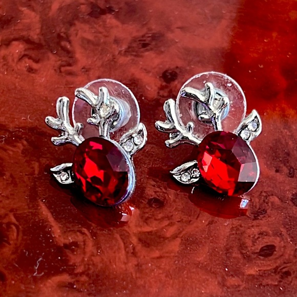 Silver & Red Reindeer Stud Holiday Earrings - Picture 1 of 2